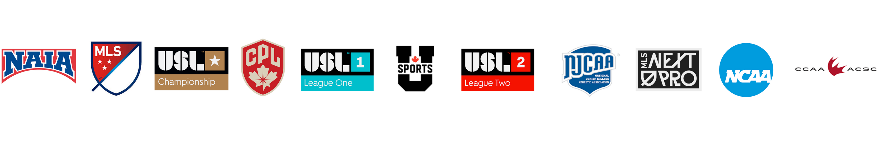 Row of soccer league logos on a white background